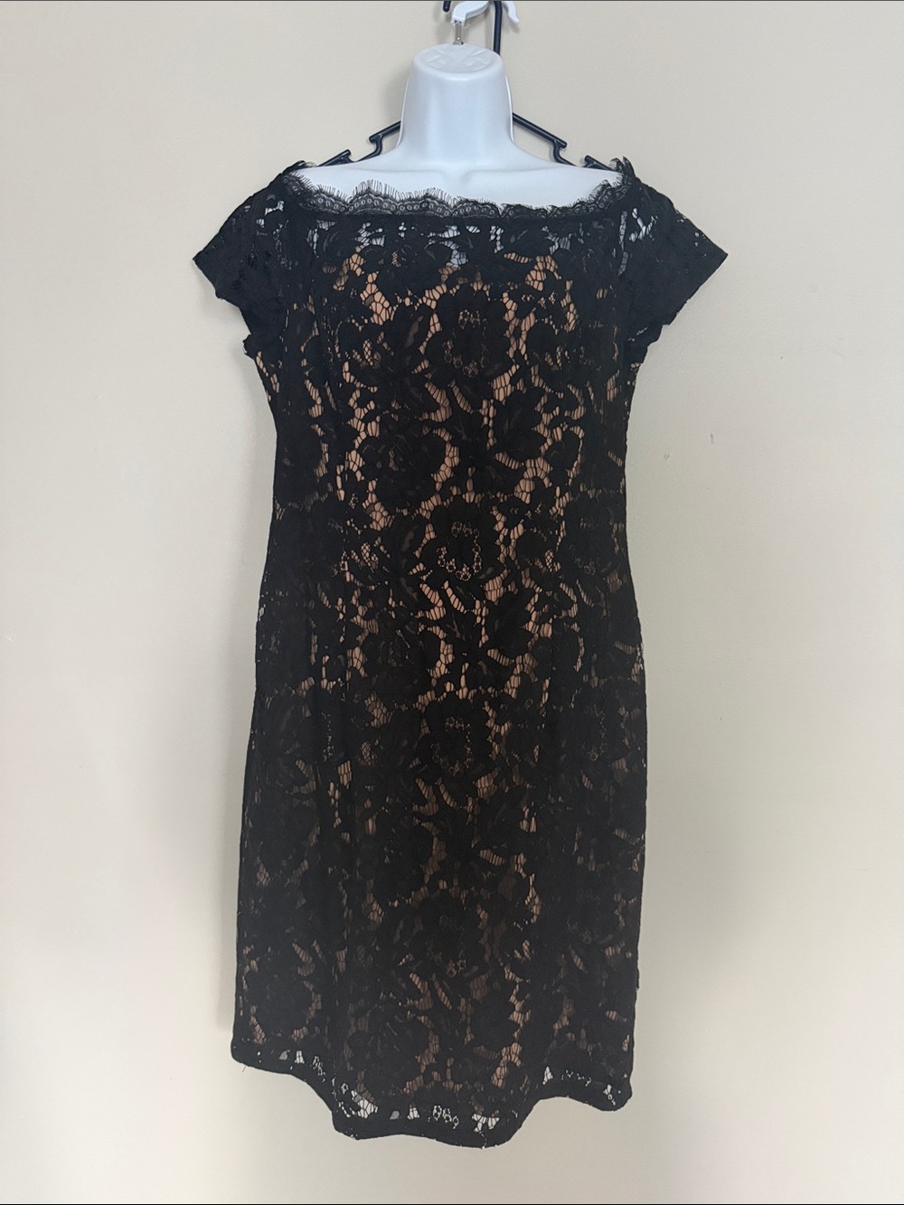 White House Black Market Black Lace Midi Dress with Nude Lining
